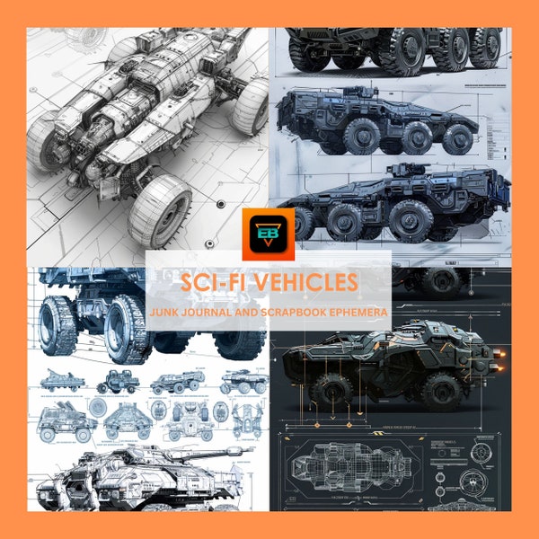 20 Scifi Armoured Vehicles Blueprint Bundle, Sci-fi ephemera pack, Space age scrapbooking, junk journal kit, scifi prop