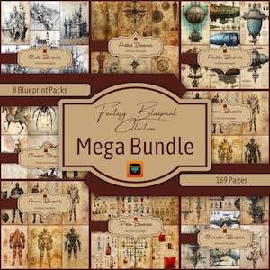 Fantasie blauwdruk digitaal papier megabundel, magische ephemera, achtergrond, ongewenste dagboekpagina's, plakboek, kaarten maken, gaming Cosplay rekwisieten