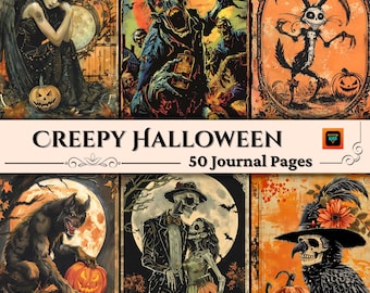 Straszne strony dziennika Halloween Junk, zestaw papieru do scrapbookingu cyfrowego, gotyckie wydruki, zabytkowe efemerydy, arkusz kolażu dyni, Grimoire BOS