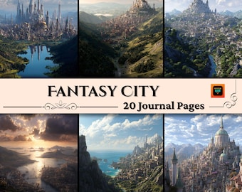 Fantasy City Photo Pack, 20 Hilltop JPG Images for Scrapbooking & Junk Journals, Fantasy Printable Paper, DnD Cosplay Prop, Collage Sheets