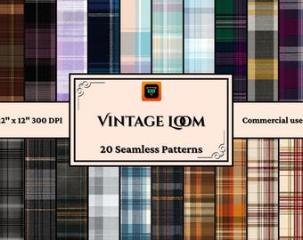 May include: A collection of 20 seamless plaid patterns in various colors, including blue, purple, green, and brown. The patterns are displayed in a grid, with a central graphic that reads "VINTAGE LOOM" and "20 Seamless Patterns". The image is 12" x 12" at 300 DPI.