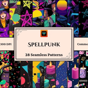 Puede incluir: Colección de 28 patrones sin costuras con temática Spellpunk. Los patrones miden 30,48 cm x 30,48 cm a 300 DPI y presentan ilustraciones vibrantes con colores neón, incluyendo brujas, estrellas y velas. Uso comercial.