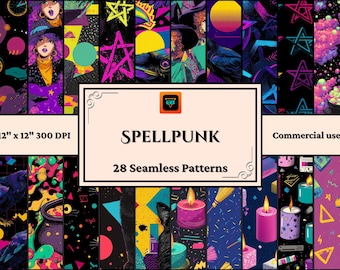 Papier cyfrowy z bezszwowym wzorem czarownicy z lat 80. w stylu Spellpunk do dzienników, albumów ze zdjęciami, arkuszy kolaży i druku na żądanie, nadający się do druku w tle synthwave