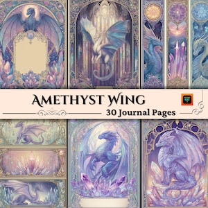 Crystal dragon printable pages in an Art Nouveau stained-glass style: luminous jewel-tone illustrations, decorative borders, and split layouts for scrapbooks and junk journals; 30-page digital collage sheet kit (JPG, US Letter, 300 DPI).