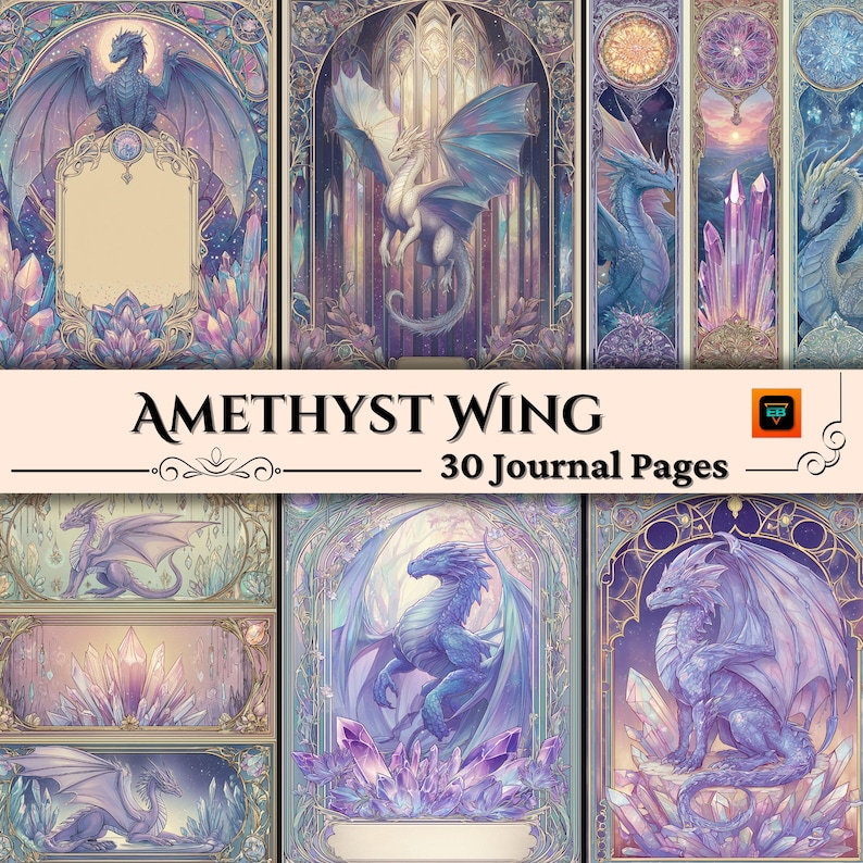 Crystal dragon printable pages in an Art Nouveau stained-glass style: luminous jewel-tone illustrations, decorative borders, and split layouts for scrapbooks and junk journals; 30-page digital collage sheet kit (JPG, US Letter, 300 DPI).
