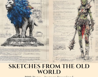 Fantasiekunstpagina's voor junkjournal, plakboek, worldbuilding en rpg dnd-hand-outs, personage- en wezenkunst, commercieel gebruik