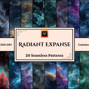 Puede incluir: Una colección de 20 patrones sin costuras que presentan representaciones vibrantes de nebulosas y galaxias. Los patrones miden 30,48 cm x 30,48 cm y 300 DPI. También se ve el texto "RADIANT EXPANSE" y "Commercial use".