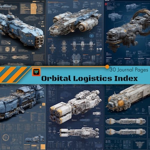 Könnte beinhalten: Detaillierte Illustrationen futuristischer Raumschiffe, präsentiert auf einem dunkelblauen Hintergrund. Das Bild enthält den Text "Orbital Logistics Index" und "30 Journal Pages". Die Raumschiffdesigns weisen komplizierte mechanische Details auf.