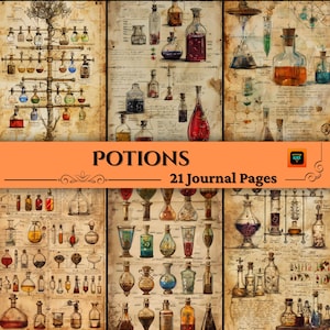 Páginas de álbum de recortes de pociones mágicas, kit de diario mágico de fantasía, planos y objetos efímeros para juegos de DnD y cosplay, descarga digital