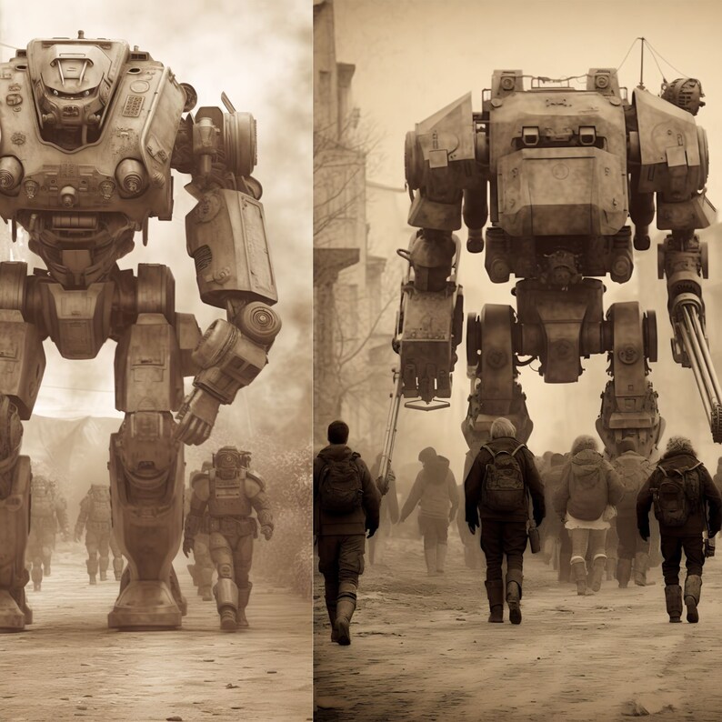 Anime Mech War Photograph Bundle, 20 Unique Mech Sepia Photographs, Junk Journal Pages, Instant Download image 5