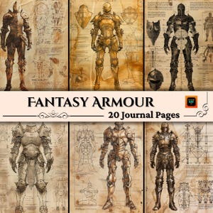 Páginas de álbum de recortes de armaduras de fantasía, kit de diario basura con diagrama de planos, noche de juegos de D&D y accesorios de cosplay, descarga digital, láminas de grimorio