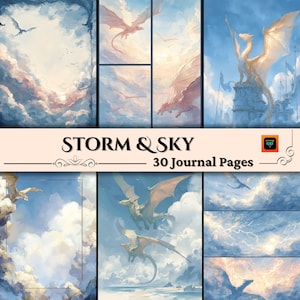 以下が含まれることがあります： 雲の多い空を飛ぶドラゴンを描いたファンタジーアートジャーナルページのコレクション。アートワークは青、白、オレンジの色合いで、テキスト「STORM & SKY 30 Journal Pages」が目立つように表示されています。