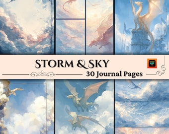 Strony dziennika Storm Dragon, papier do scrapbookingu z mitycznym smokiem, arkusze do kolażu fantasy do druku, efemerydy z niebieskim smokiem, zestaw do dziennika śmieci