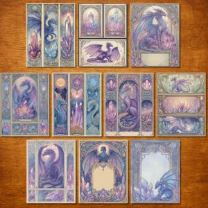 May include: A collection of fantasy art prints featuring dragons and crystals in shades of purple, blue, and gold. The artwork includes various compositions, such as dragons perched on crystals, and framed designs with blank spaces for text.