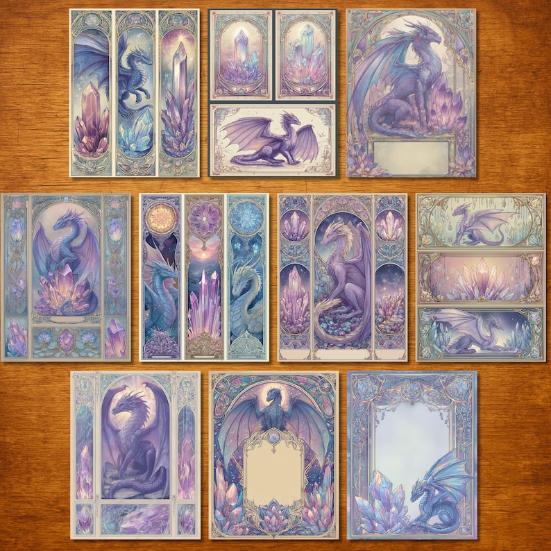 May include: A collection of fantasy art prints featuring dragons and crystals in shades of purple, blue, and gold. The artwork includes various compositions, such as dragons perched on crystals, and framed designs with blank spaces for text.