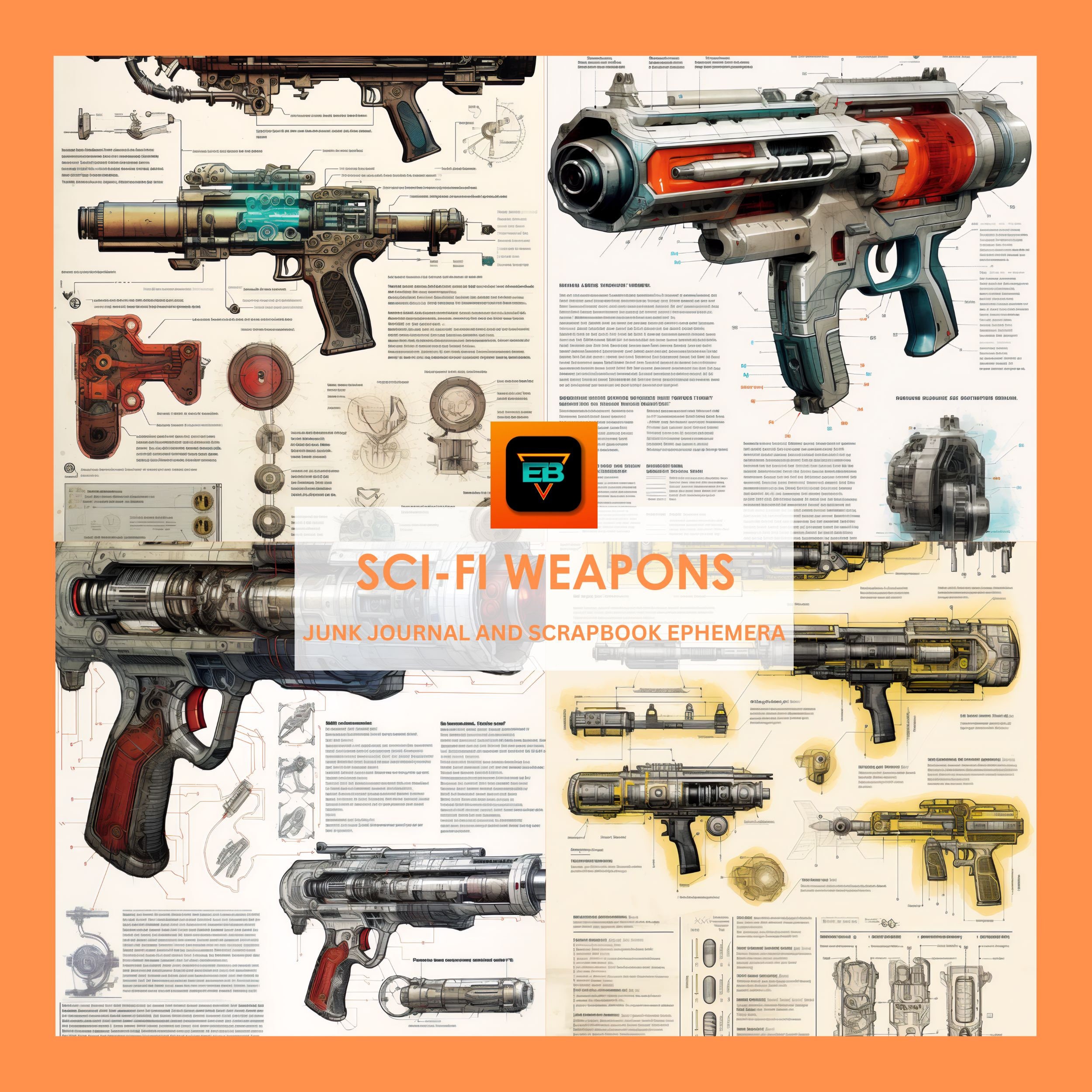 20 Weapon Blueprints, Scifi Ephemera Pack, Scifi Gaming Prop, Junk