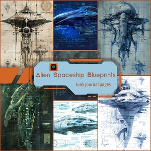 Buitenaardse ruimteschip blauwdruk plakboekpagina's, sci-fi diagram junk Journal Kit, gaming en cosplay rekwisieten en ephemera, digitale download