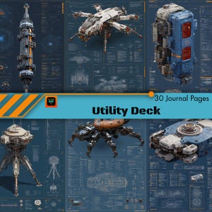 May include: Digital artwork showcasing futuristic mechanical designs, including spacecraft and robotic structures, set against a blueprint background. The text "Utility Deck" and "30 Journal Pages" are also visible.