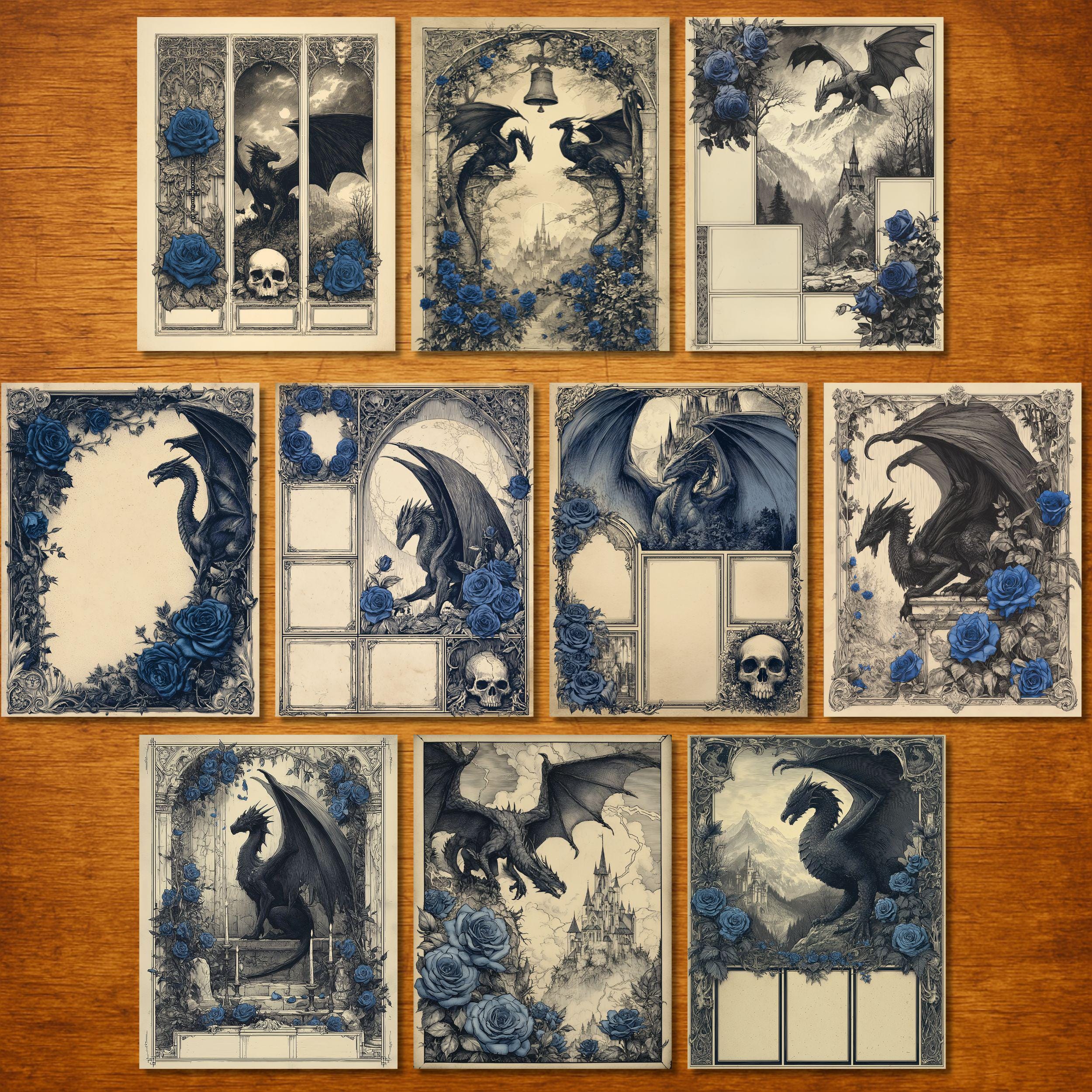 Cobalt Black Dragon Journal Pages, Mythical Dragon Scrapbook Paper ...