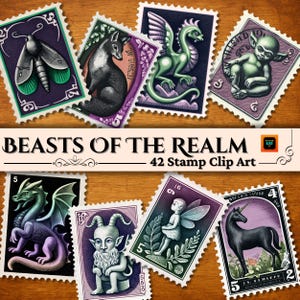 Imágenes prediseñadas de sellos de animales mágicos: 42 PNG de fantasía vintage, sellos de animales míticos, efímeras para álbumes de recortes y diarios, paquete de collages imprimibles