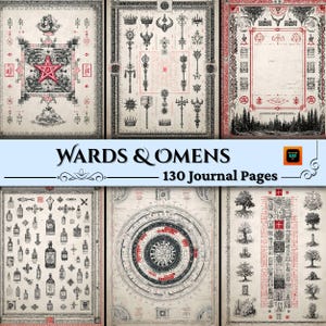 Puede incluir: Seis páginas de diario con ilustraciones detalladas en negro y rojo. Las páginas presentan símbolos esotéricos, diagramas y el texto "WARDS & OMENS - 130 Journal Pages". Los diseños incluyen estrellas, llaves, árboles y botellas.
