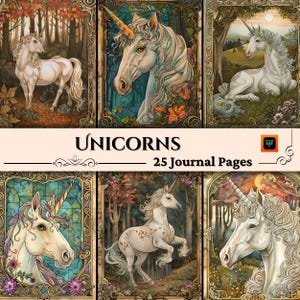 Einhorn Junk Journal Kit, Fantasy Journal Seiten, Collage Sheet, Einhörner Digitales Papier Scrapbooking, Fairy Junk Journalismus Blätter