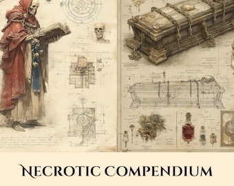 Zestaw do Nekromancji Nieumarłych, Strony do scrapbookingu fantasy, Arkusze Grimoire do druku, Rekwizyty do gier, Budowanie świata, Papier do kolażu, Dziennik śmieci, Sztuka DnD