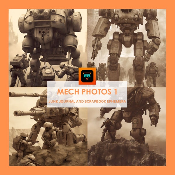 Anime Mech War Photograph Bundle, 20 Unique Mech Sepia Photographs, Junk Journal Pages, Instant Download