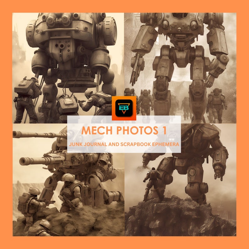 Anime Mech War Photograph Bundle, 20 Unique Mech Sepia Photographs, Junk Journal Pages, Instant Download image 1