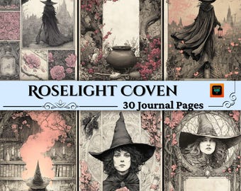 Gothic Witch Junk Journal Pages, Vintage Witchcraft Paper, Pink Witch, Scrapbook Collage Sheets, Printable Ephemera, Grimoire BOS