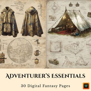 Plany wyposażenia poszukiwacza przygód fantasy, strony dziennika DnD do druku, zestaw do scrapbookingu RPG, rekwizyty do cosplayu lub gry planszowej, BOS, budowanie świata