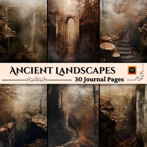 Ancient Landscape Fantasy Scrapbook Pages, Ethereal Collage Sheets, Junk Journal Ephemera, Commercial Use PNG Graphics, Background US Letter