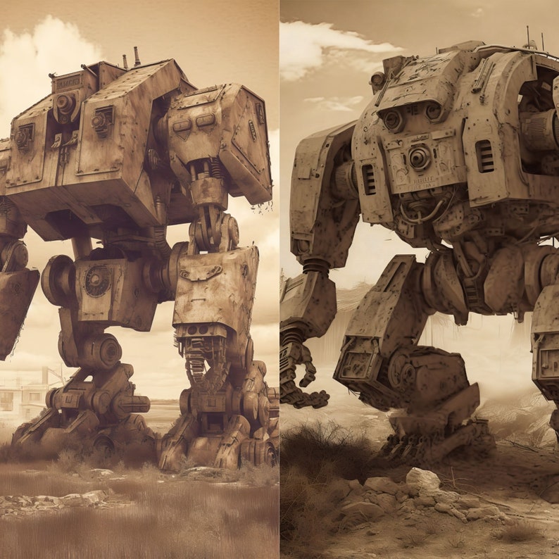 Anime Mech War Photograph Bundle, 20 Unique Mech Sepia Photographs, Junk Journal Pages, Instant Download image 6