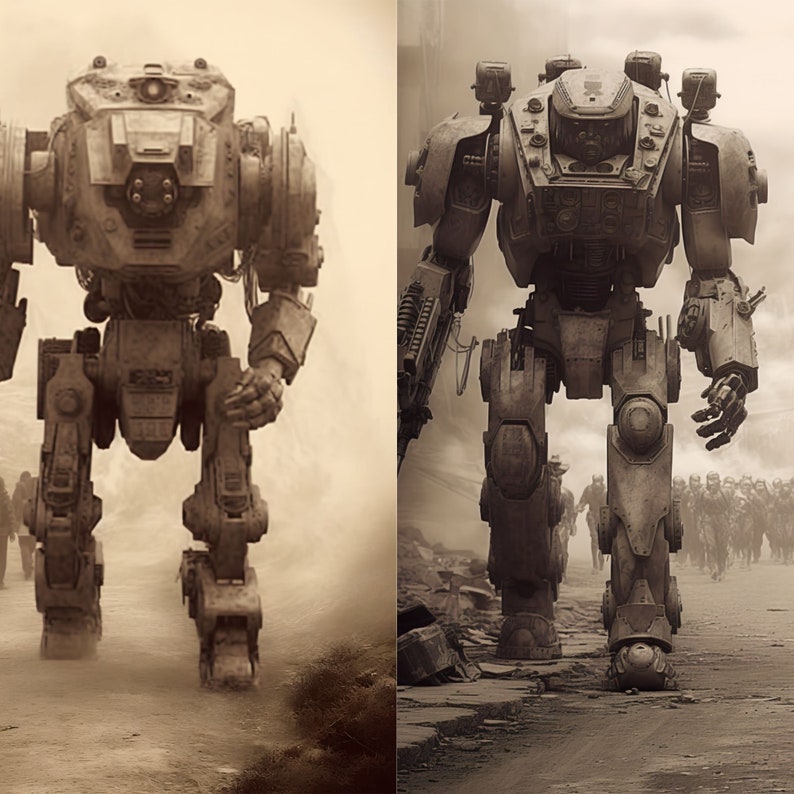 Anime Mech War Photograph Bundle, 20 Unique Mech Sepia Photographs, Junk Journal Pages, Instant Download image 4