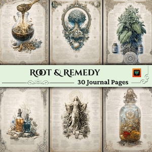 May include: A collection of six journal pages with botanical illustrations and text. The pages feature detailed drawings of plants, trees, and apothecary items. The title "Root & Remedy" and "30 Journal Pages" are displayed in a banner across the image.