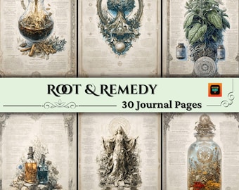 Strony z księgi zaklęć uzdrawiających, zestaw do dziennika fantasy junk, efemerydy ziołowe do scrapbookingu, papier do budowania światów DnD, zaczarowane arkusze grimoire DIY