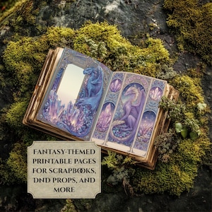 May include: An open book with fantasy-themed printable pages featuring illustrations of dragons and crystals. The pages are surrounded by a mossy, natural setting. The text on the label reads: FANTASY-THEMED PRINTABLE PAGES FOR SCRAPBOOKS, DND PROPS, AND MORE.