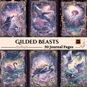 Kit de diario "Bestias Doradas", páginas imprimibles de criaturas míticas, papel de álbum de recortes de fantasía, set de grimorios celestiales, 30 archivos JPG de diario basura