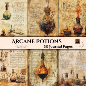 Páginas de diario de pociones arcanas, kit de álbum de recortes de brujería, hojas de grimorio imprimibles, efímeras mágicas vintage, juego de papel digital pagano para manualidades