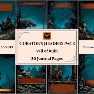 May include: A digital art pack featuring fantasy journal pages with a dark, gothic theme. The images have a teal and brown color palette, with illustrations of riders, castles, and ominous landscapes. The pack includes 30 journal pages, 8.5" x 11" at 300 DPI.