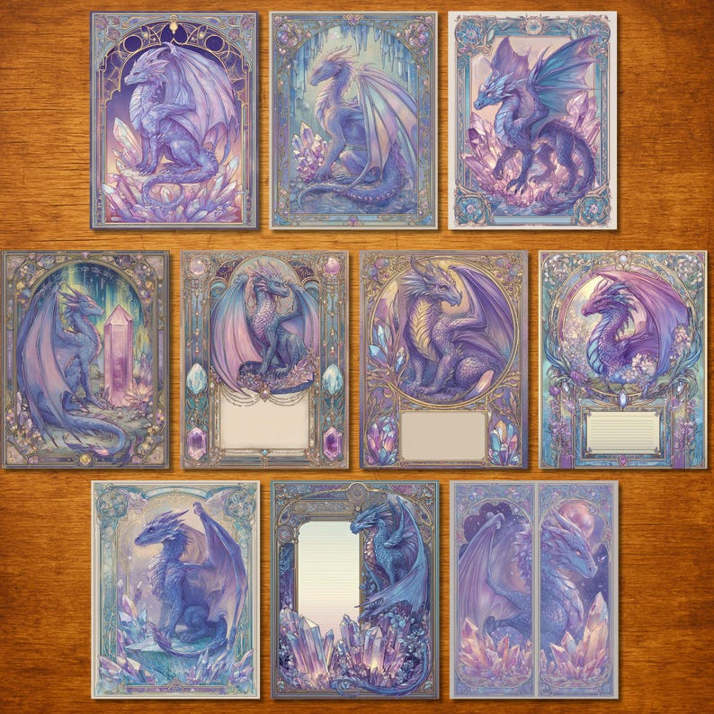 May include: A collection of fantasy art cards featuring dragons in various poses. Each card showcases a dragon with intricate details, surrounded by crystals and set within ornate frames. The color palette includes shades of purple, blue, and gold.