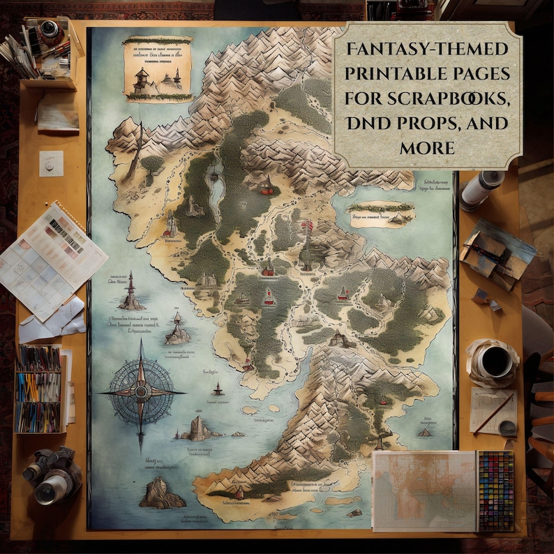 Fantasy Map Scrapbook Pages, Fairy Kingdom Junk Journal Kit, DnD Gaming And Cosplay Prop And Ephemera, Digital Download image 7