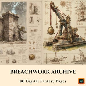 Plany machiny oblężniczej, efemerydy fortyfikacji fantasy, strony dziennika DnD do druku, album RPG lub rekwizyt cosplay, BOS, budowanie świata