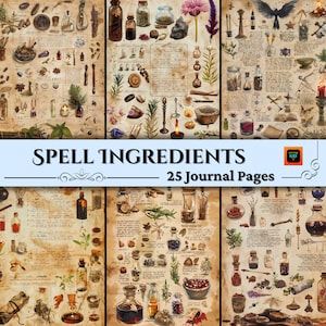 Páginas de diario de brujería, kit de papel digital para álbumes de recortes, imprimible de bruja con ingredientes, hoja de collage gótico BOS, efímeras vintage de Wicca