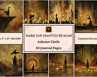 May include: A digital art print featuring a collection of dark fantasy illustrations. The artwork includes figures in witch hats, skulls, and a mystical atmosphere. The text on the print reads "DARK ENCHANTED REALMS Ashroot Circle 30 Journal Pages".