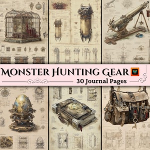 Planos de Monster Hunter, efímeras de kit de campo de fantasía, páginas imprimibles de diario de DnD, álbum de recortes de rol o arte de cosplay, BOS