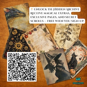 May include: A collection of fantasy-themed art prints and scrolls, including a dragon, witch, and botanical illustrations, arranged on a wooden surface. The text reads "UNLOCK THE HIDDEN ARCHIVE" and a QR code is visible.