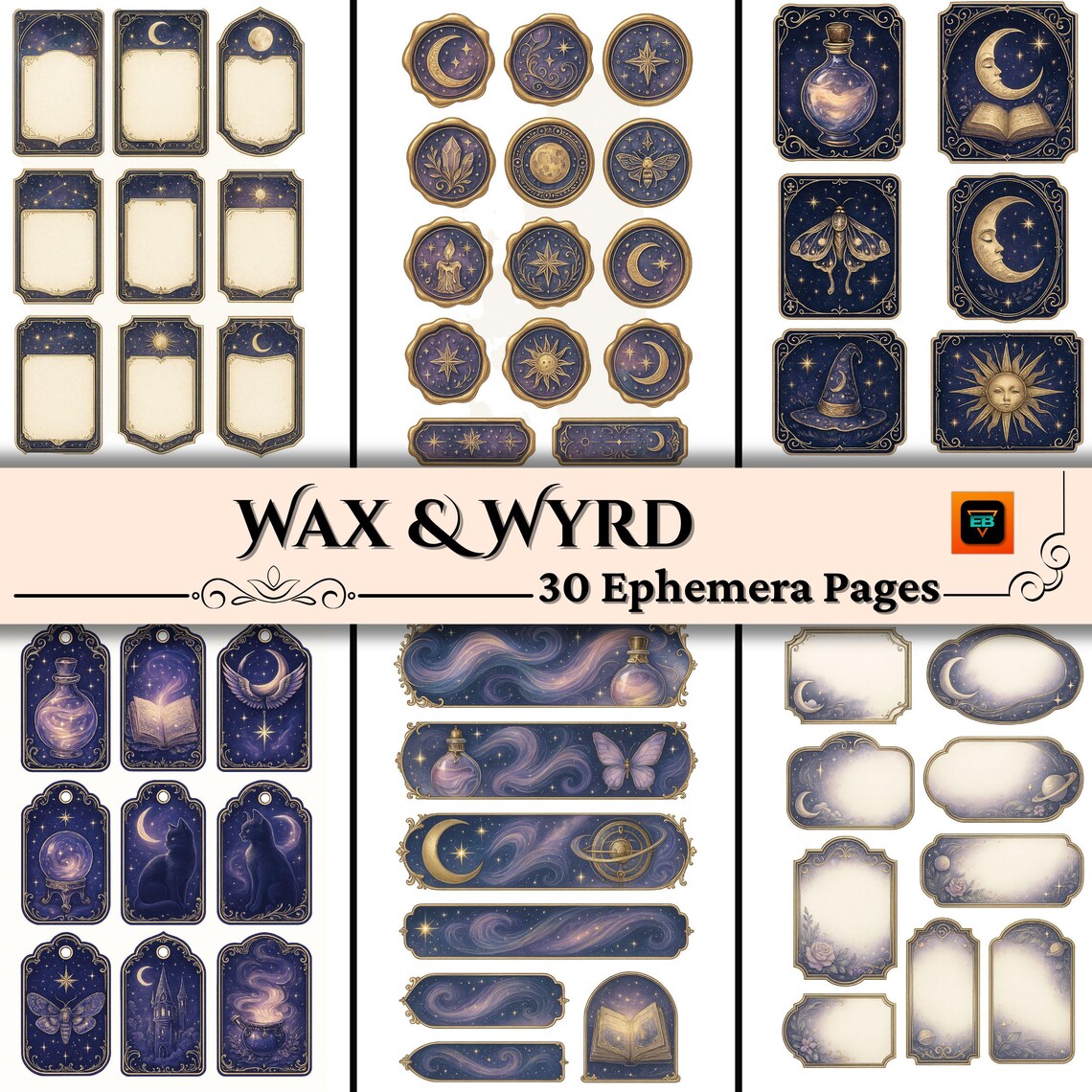 Wax and Wyrd Ephemera Kit, Celestial Printable Tags & Labels, Mystical ...