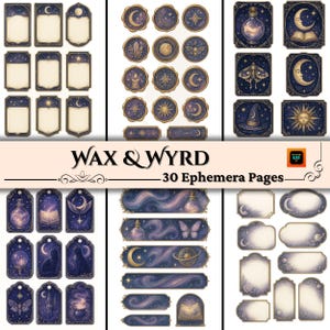 Kit de efímeras de cera y Wyrd, etiquetas celestiales imprimibles, adornos místicos para álbumes de recortes, complementos para diarios basura, 30 páginas JPG