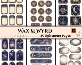 Zestaw Wax and Wyrd Ephemera, Niebiańskie drukowane tagi i etykiety, Mistyczne ozdoby do scrapbookingu, Dodatki do Junk Journal, 30 stron JPG